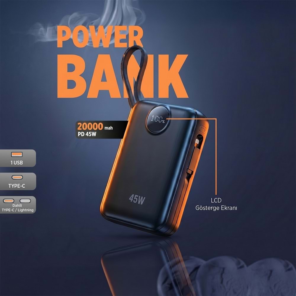 S-Link G450 20000mAh PD45W QC3.0 Dahili Kablolu LCD Ekranlı Siyah Taşınabilir Şarj Cihazı Powerbank