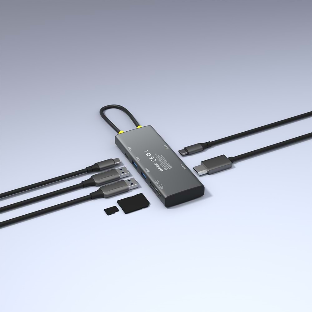 S-link SW-U708 7 in 1 Gri Metal 4K 60Hz HDMI 100W PD 2xUSB 3.2 1xType-C Data SD/TF Type-C Hub Adaptör