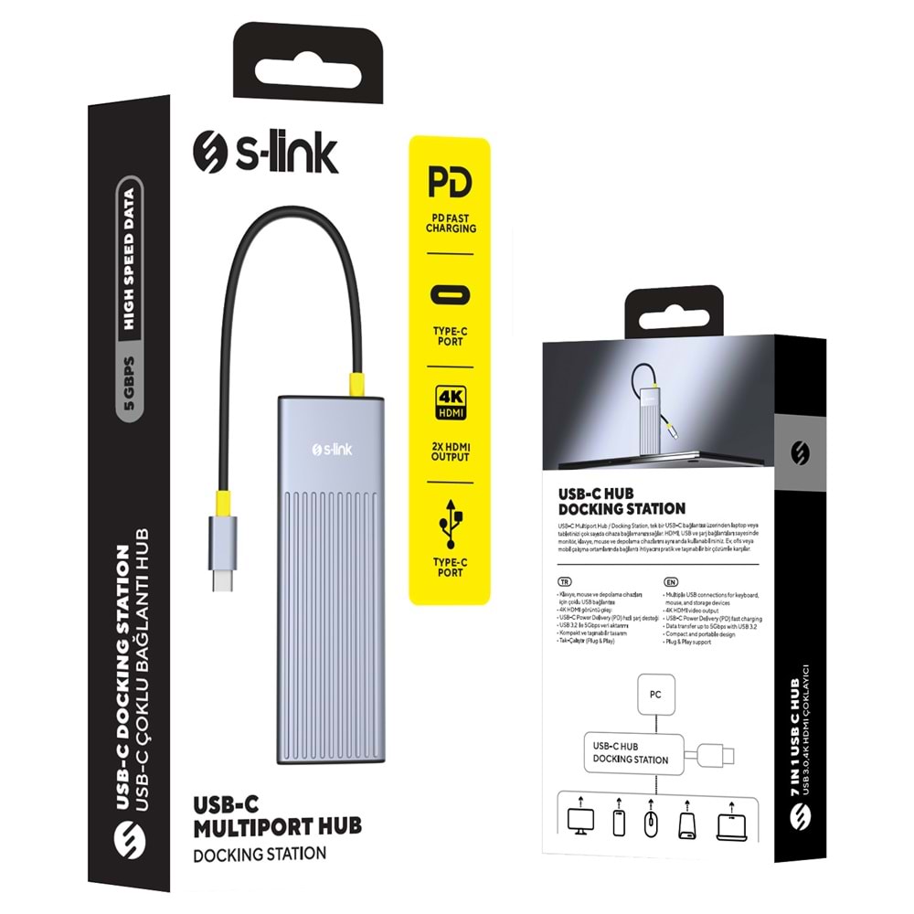 S-link SW-U708 7 in 1 Gri Metal 4K 60Hz HDMI 100W PD 2xUSB 3.2 1xType-C Data SD/TF Type-C Hub Adaptör