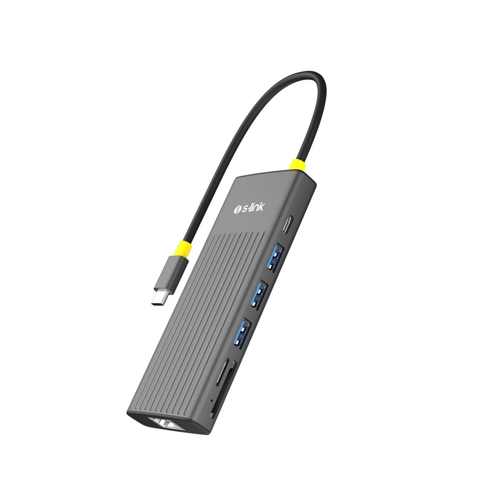 S-link SW-U709 9 in 1 Gri Metal 4K 60Hz HDMI 100W PD, RJ45 Gigabit, 3xUSB 3.2, SD/TF Type-C Hub Adaptör