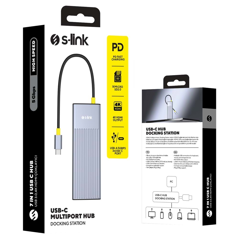 S-link SW-U709 9 in 1 Gri Metal 4K 60Hz HDMI 100W PD, RJ45 Gigabit, 3xUSB 3.2, SD/TF Type-C Hub Adaptör