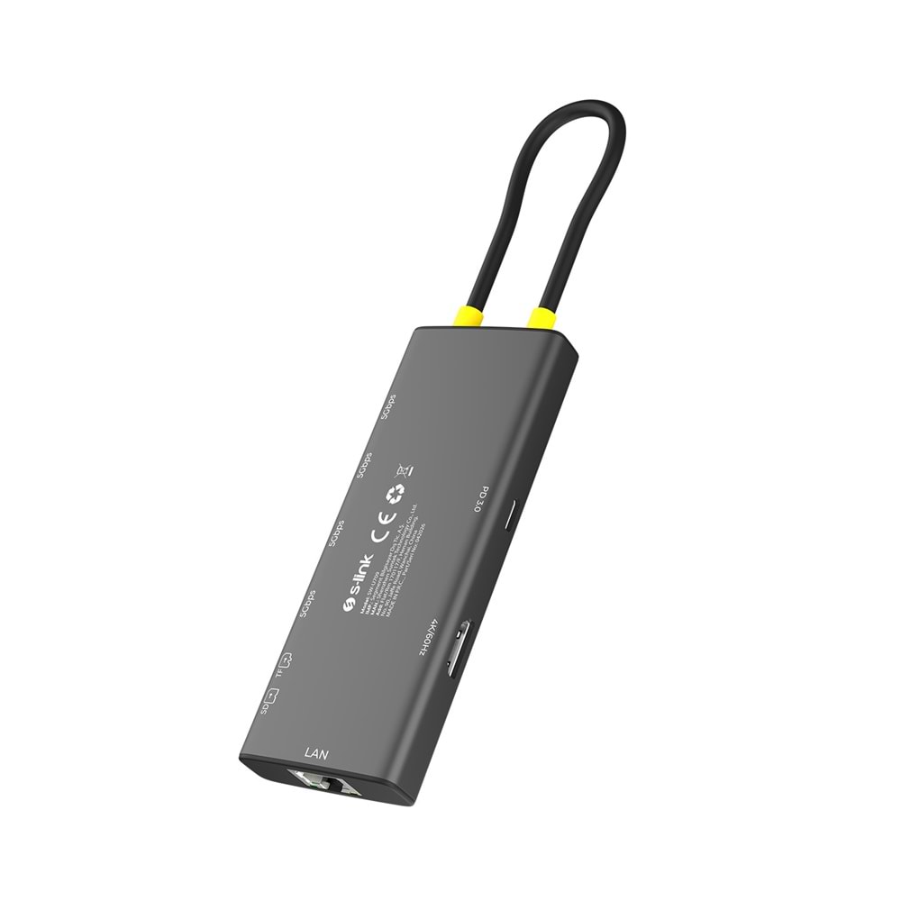 S-link SW-U709 9 in 1 Gri Metal 4K 60Hz HDMI 100W PD, RJ45 Gigabit, 3xUSB 3.2, SD/TF Type-C Hub Adaptör