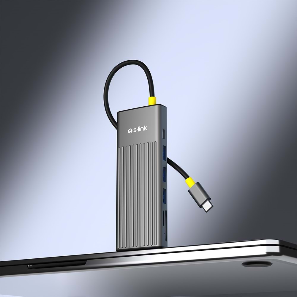 S-link SW-U709 9 in 1 Gri Metal 4K 60Hz HDMI 100W PD, RJ45 Gigabit, 3xUSB 3.2, SD/TF Type-C Hub Adaptör
