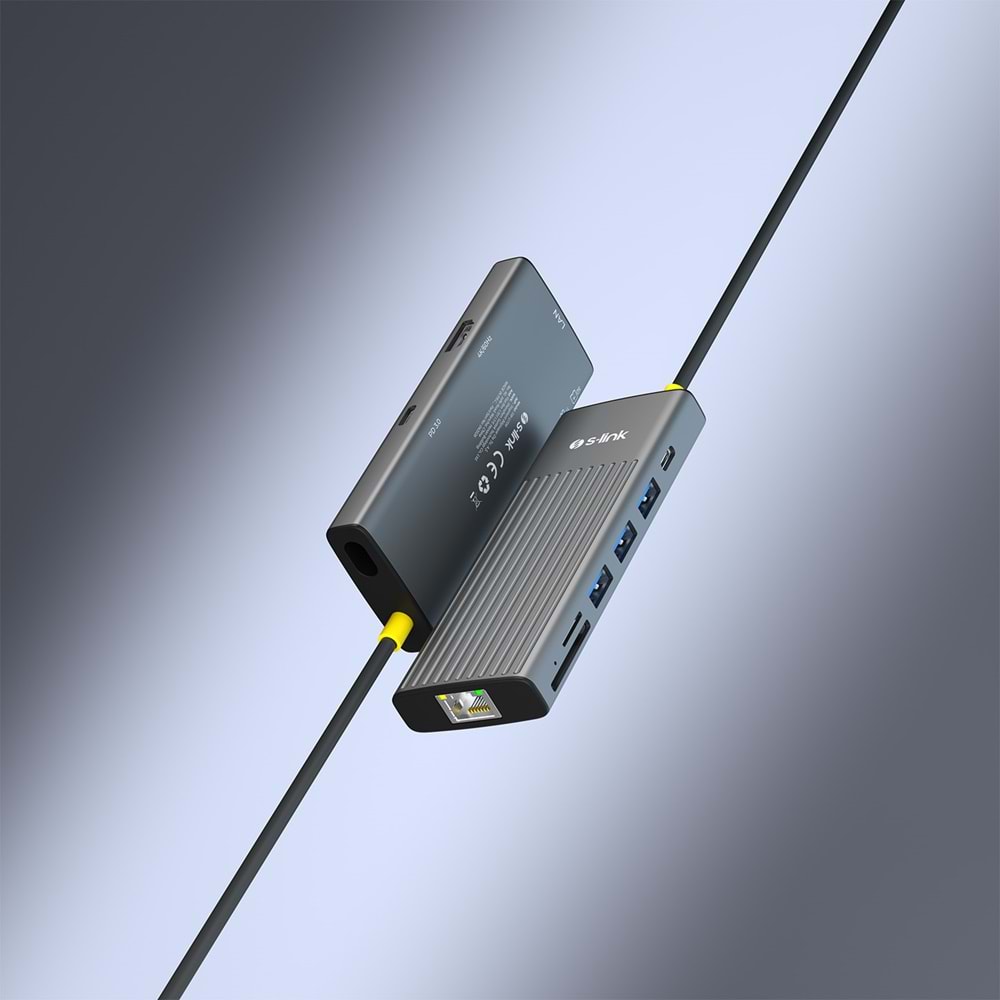 S-link SW-U709 9 in 1 Gri Metal 4K 60Hz HDMI 100W PD, RJ45 Gigabit, 3xUSB 3.2, SD/TF Type-C Hub Adaptör
