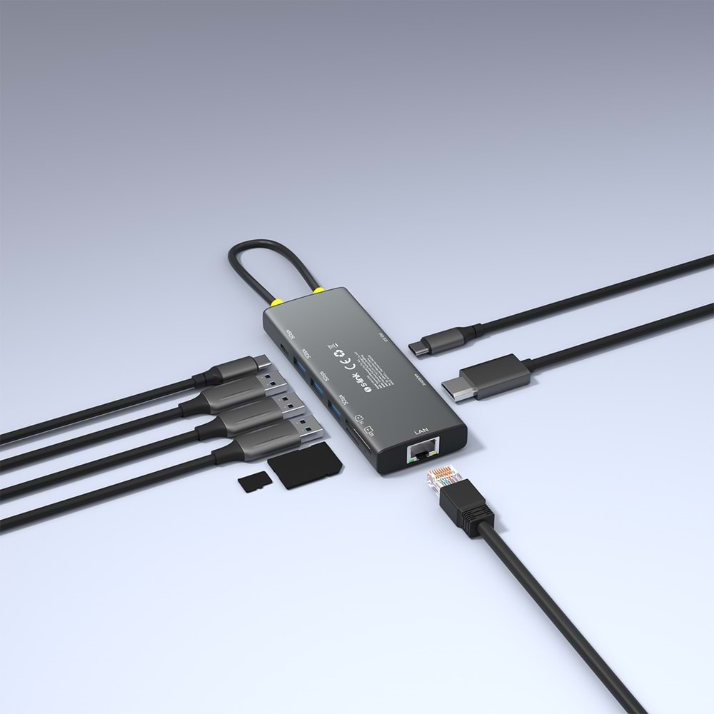 S-link SW-U709 9 in 1 Gri Metal 4K 60Hz HDMI 100W PD, RJ45 Gigabit, 3xUSB 3.2, SD/TF Type-C Hub Adaptör