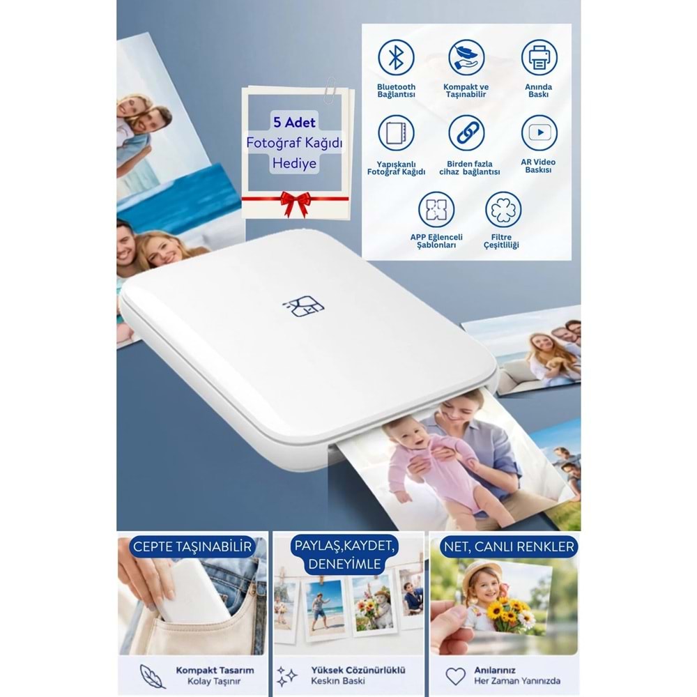 Hanin MT53 Taşınabilir Kablosuz Bluetooth Mini Fotoğraf Yazıcı 5 Kağıt Hediyeli