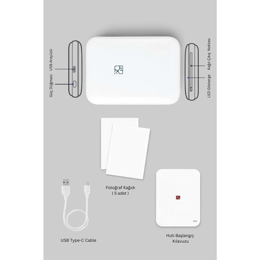 Hanin MT53 Taşınabilir Kablosuz Bluetooth Mini Fotoğraf Yazıcı 5 Kağıt Hediyeli