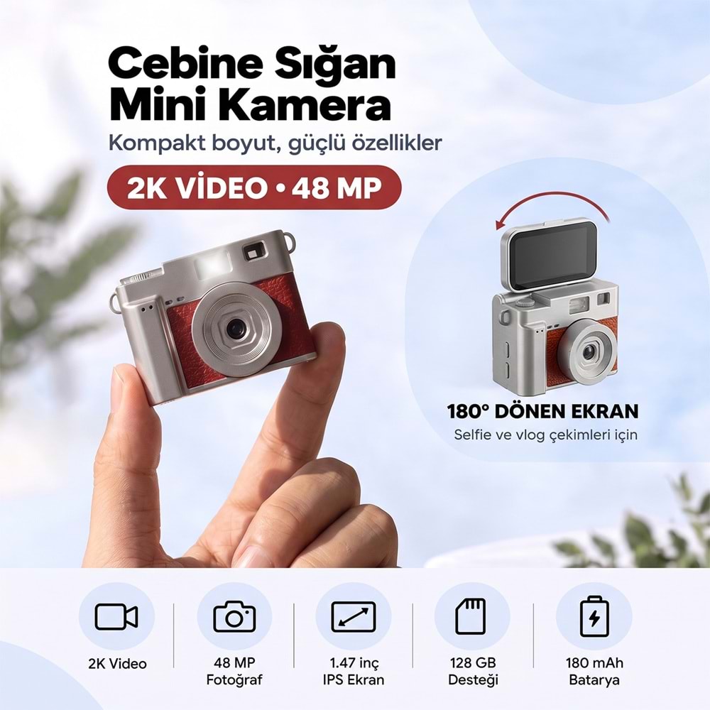 Everest ADK1983 Kahve 2K QHD 1.47 İnç Mini Retro Dijital Kamera
