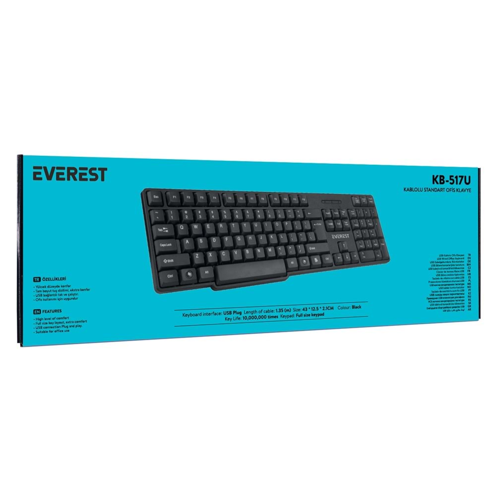 Everest KB-517U Siyah 2MT Bakır Kablolu USB Q Standart Klavye