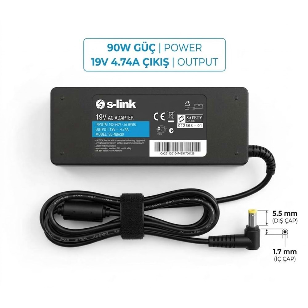 S-link SL-NBA30 19V 4.74A 90W 5.5x1.75 Acer Notebook Şarj Adaptörü