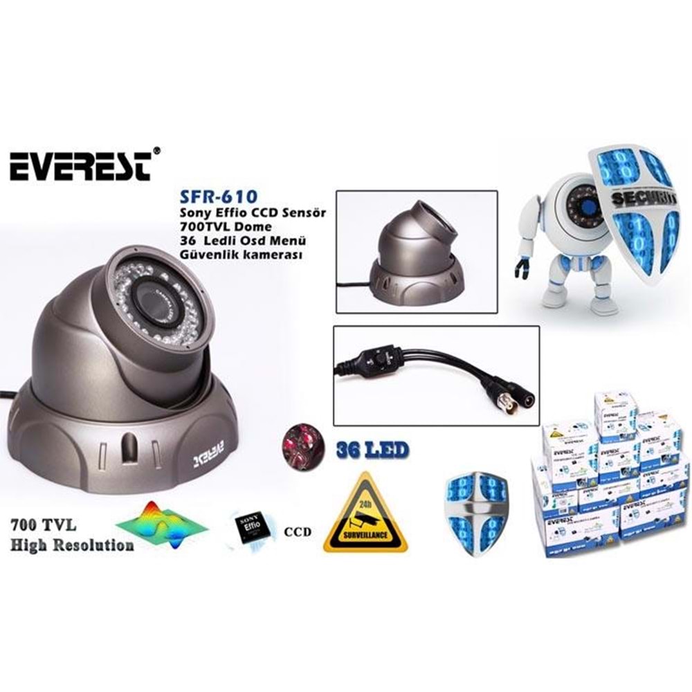 Everest SFR-610 Sony Effio CCD Sensör 16mm 700 TVL Dome 36 Ledli Osd Menü Güvenlik kamerası