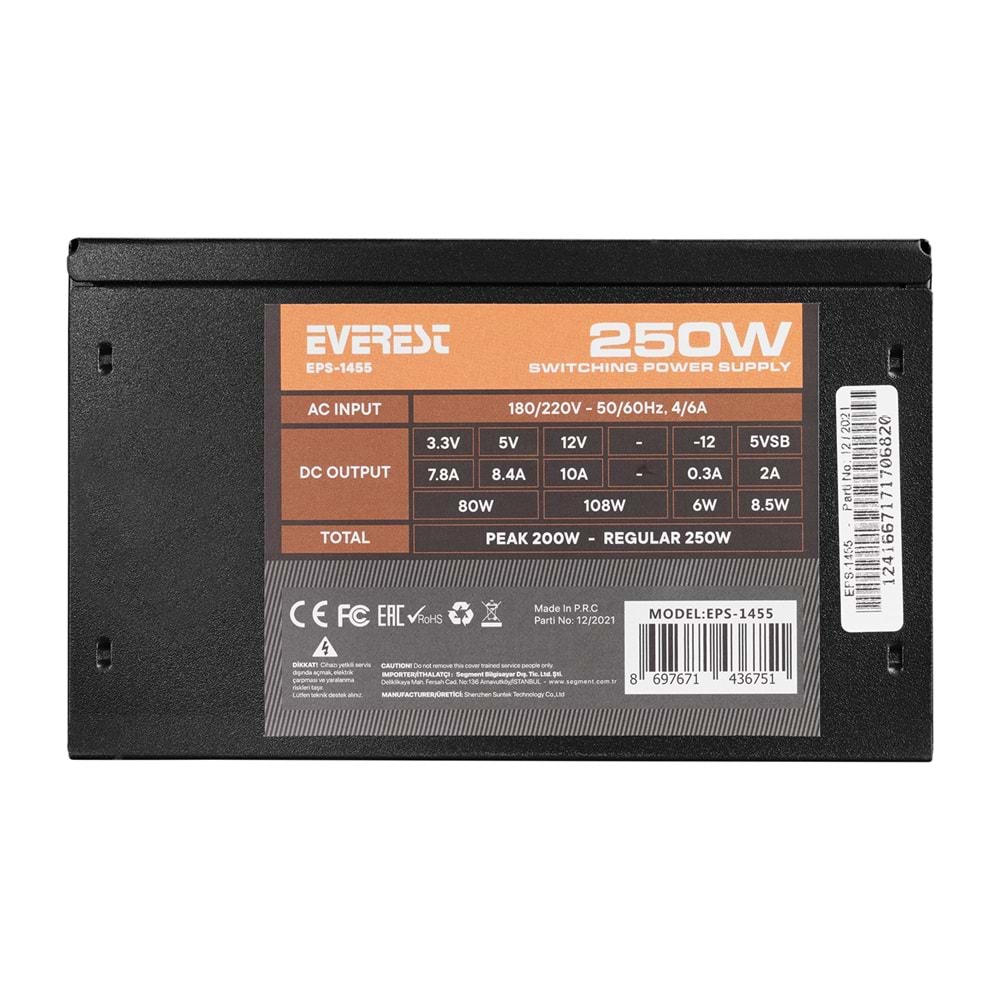 Everest EPS-1455 PEAK 250W 12CM Fanlı 2 Adet SATA Power Supply Outlet