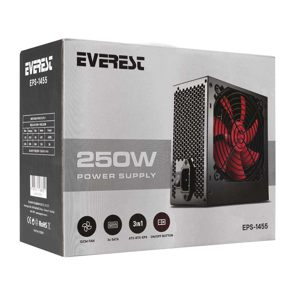 Everest EPS-1455 PEAK 250W 12CM Fanlı 2 Adet SATA Power Supply Outlet
