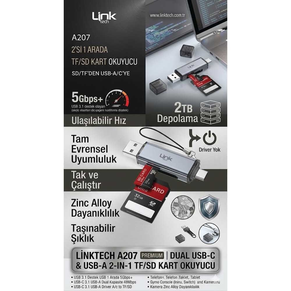 LinkTech A207 USB-A / USB-C Çok Fonksiyonlu Hafıza Kart Okuyuculu Dönüştürücü