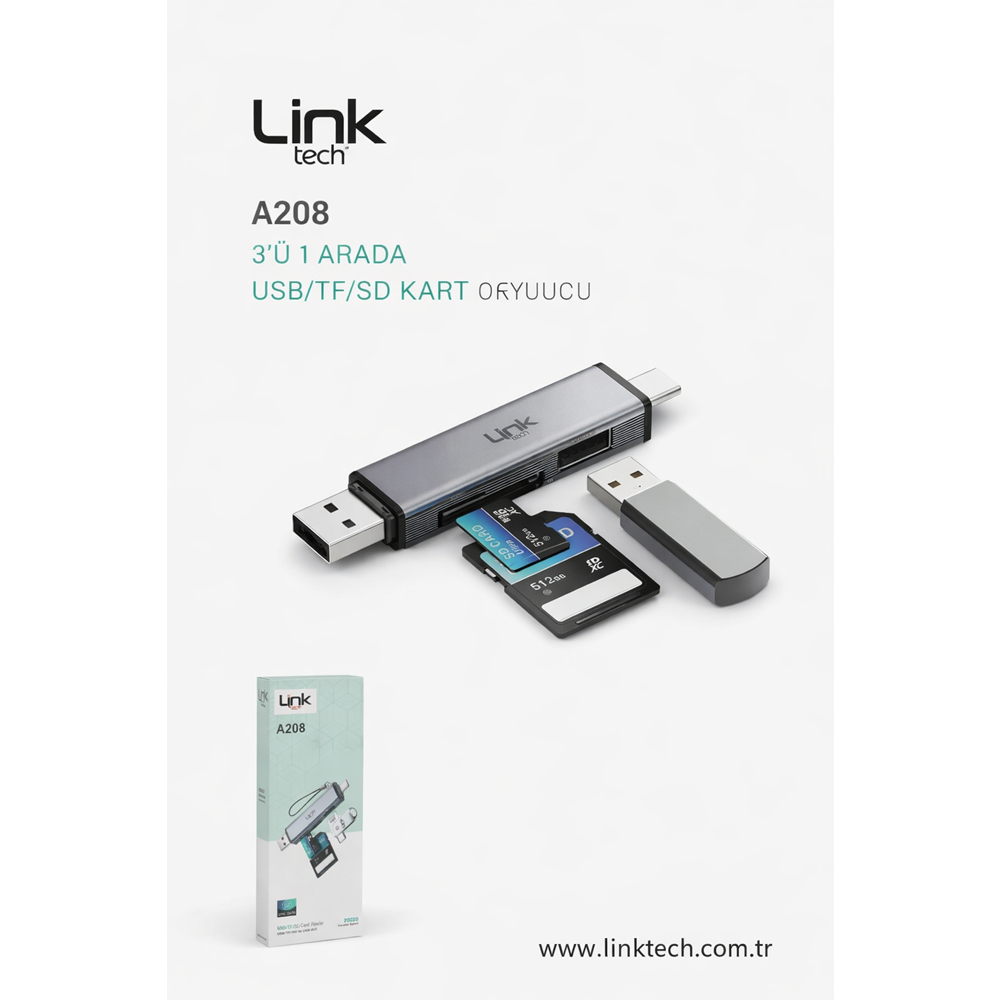 LinkTech A208 3'ü 1 Arada USB-A / USB-C OTG Kart Okuyucu ve Flash Bellek