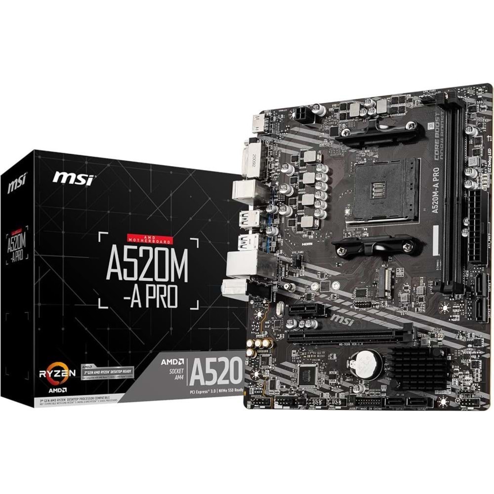 MSI A520M-A PRO AM4 DDR4 4600(OC) DVI HDMI M.2 USB3.2 mATX Anakart