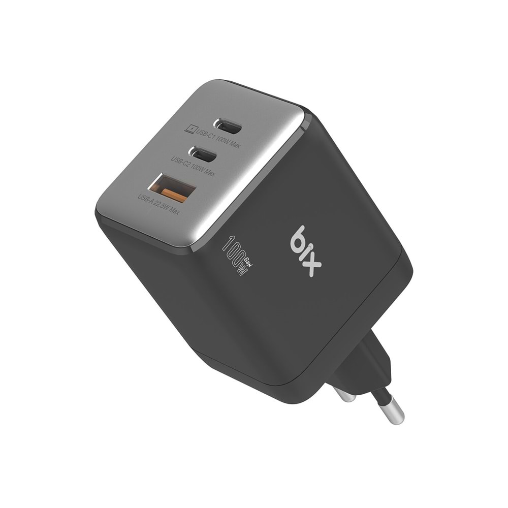 BIX BX3P102G 100W GaN Şarj Aleti 3 Portlu USB-C USB-A PD 3.0 Hızlı Şarj Adaptörü