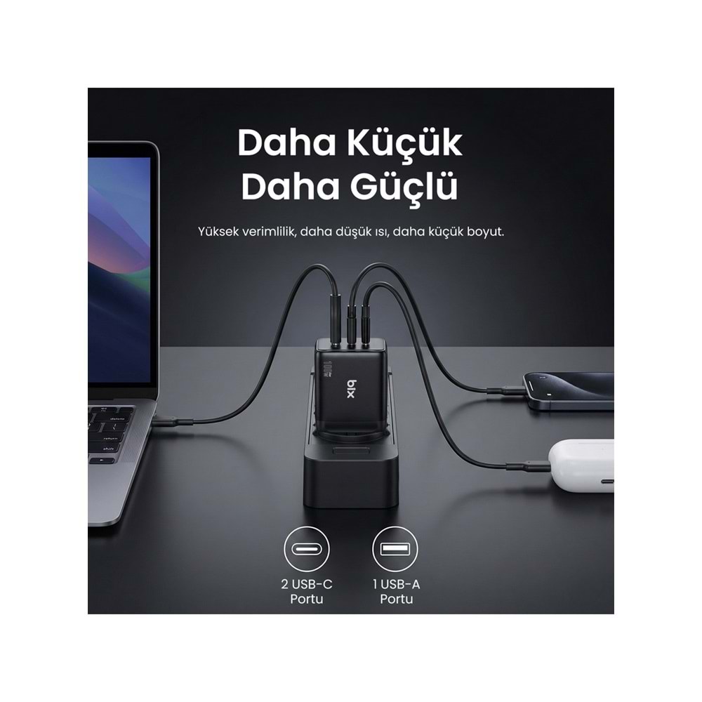 BIX BX3P102G 100W GaN Şarj Aleti 3 Portlu USB-C USB-A PD 3.0 Hızlı Şarj Adaptörü