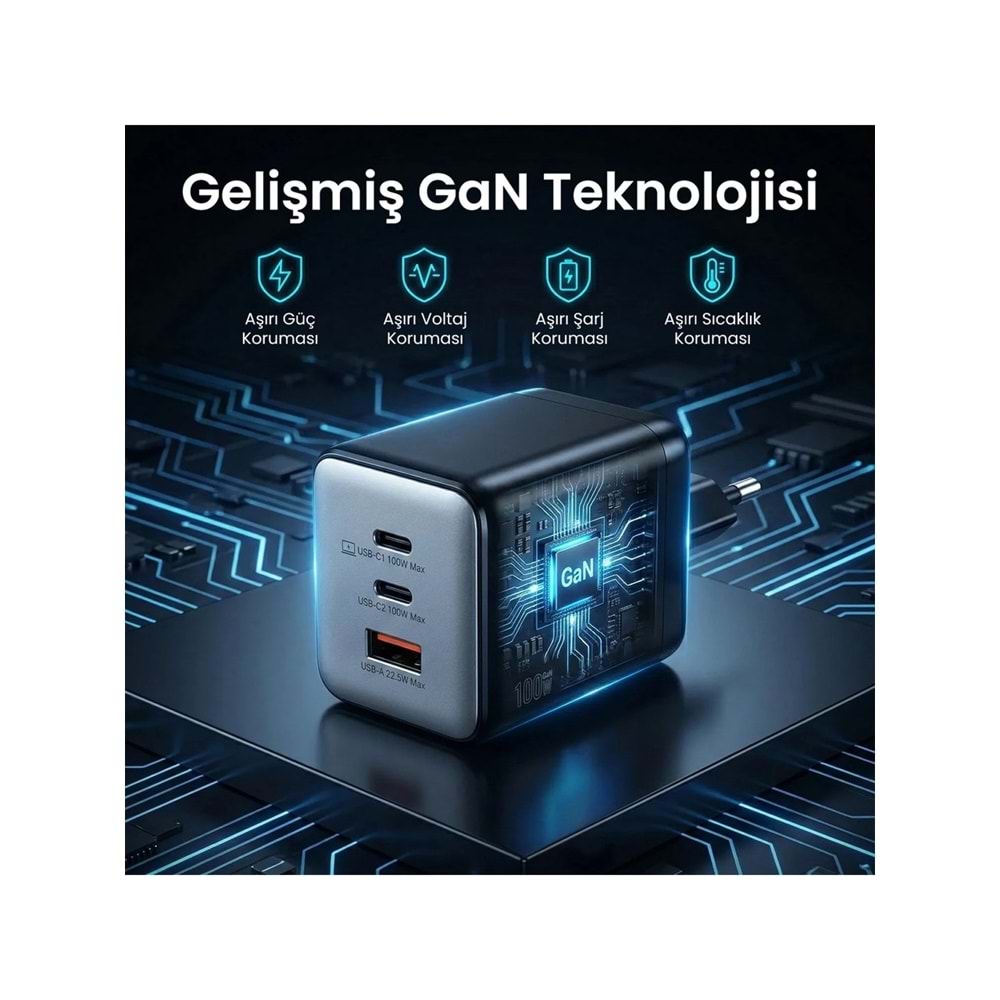 BIX BX3P102G 100W GaN Şarj Aleti 3 Portlu USB-C USB-A PD 3.0 Hızlı Şarj Adaptörü