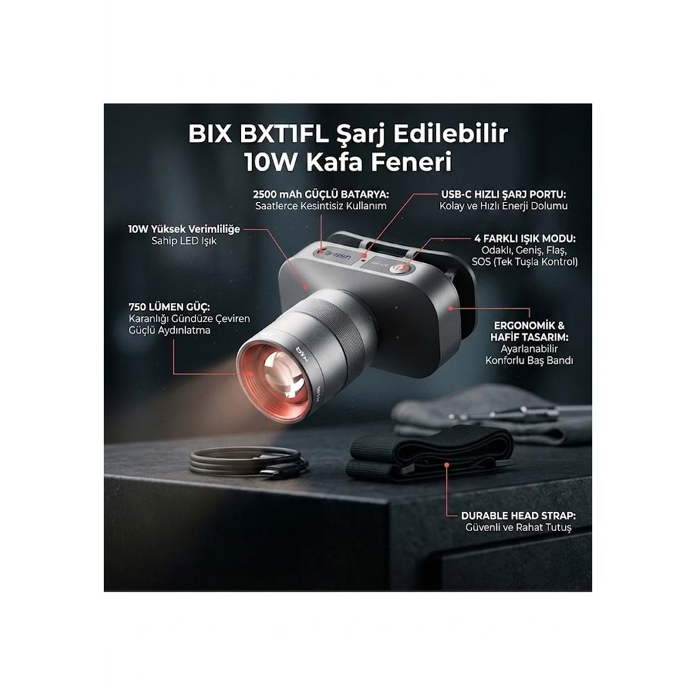 BIX BXT1FL Şarj Edilebilir 10W Kafa Feneri 750 Lümen 2500 mAh 4 Işık Modlu LED Kafa Lambası Siyah