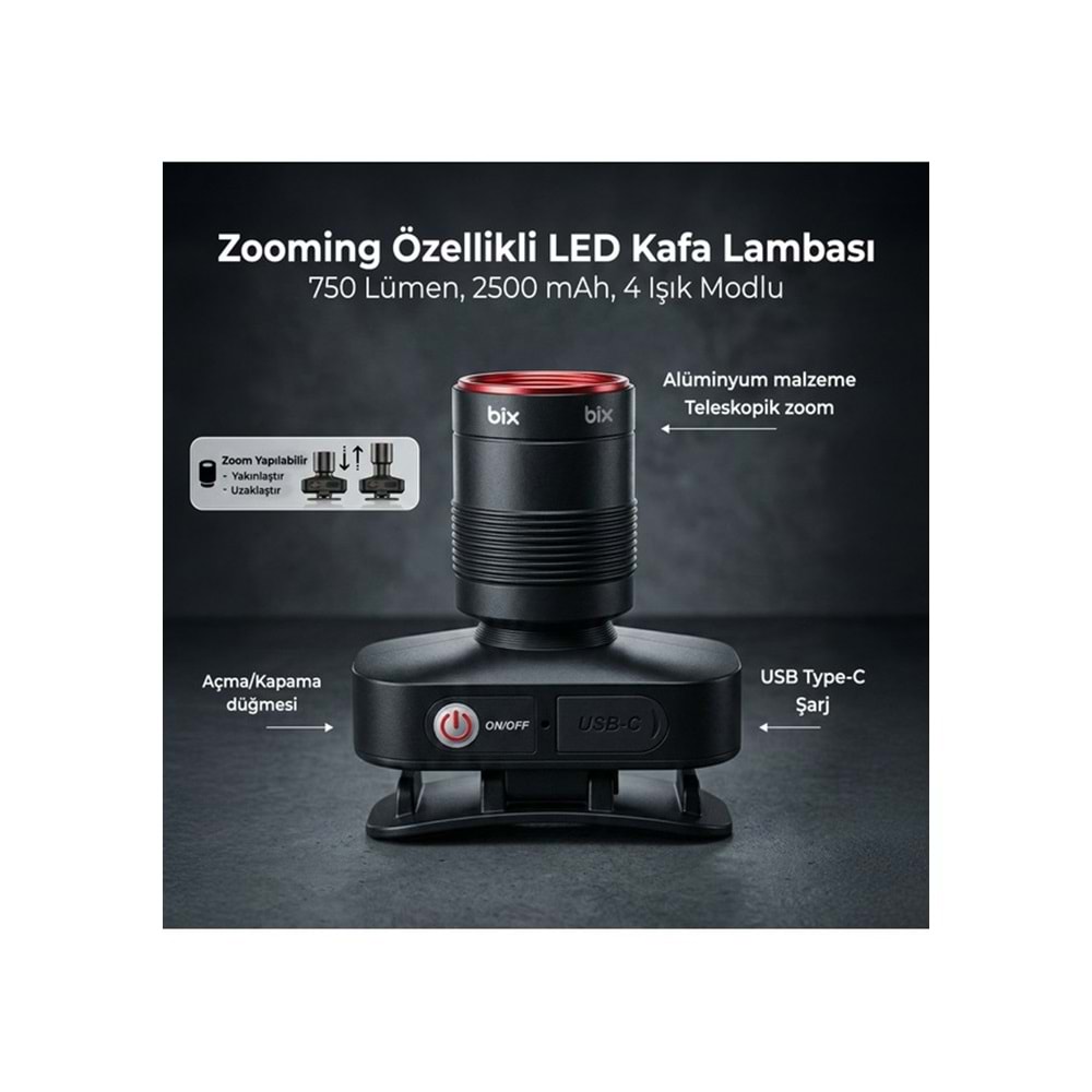 BIX BXT1FL Şarj Edilebilir 10W Kafa Feneri 750 Lümen 2500 mAh 4 Işık Modlu LED Kafa Lambası Siyah