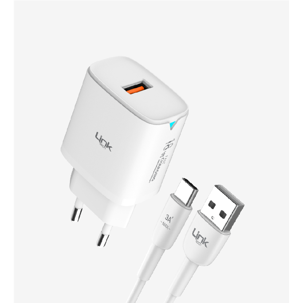 LinkTech C303 Beyaz Safe 18W USB-A Tip-C Kablolu Hızlı Şarj Cihazı, 18W Type C Şarj Cihazı