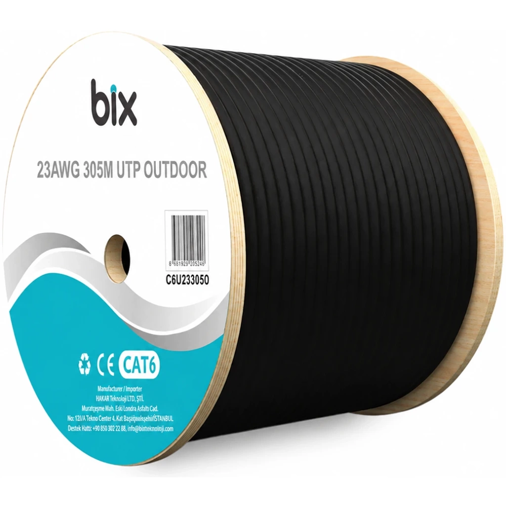 BİX C6U23305O-1 305 Metre CAT6 Outdoor UTP 23AWG CCA 4Pair 0.57mm PVC+PE Ethernet Kablo