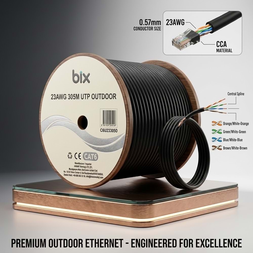 BİX C6U23305O-1 305 Metre CAT6 Outdoor UTP 23AWG CCA 4Pair 0.57mm PVC+PE Ethernet Kablo