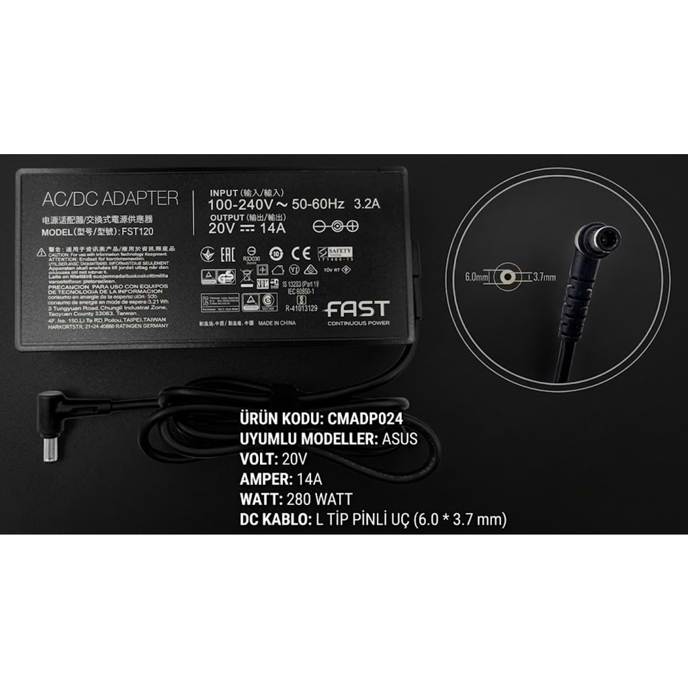 Fast C24 280W Asus Notebook Şarj Adaptörü 20V 14A 6.0x3.7mm İğneli
