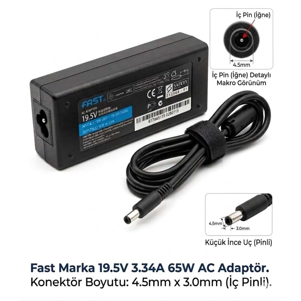 Fast CUADP044 Dell Yeni Nesil 19.5V 3.33A 65W 4.5x3.0mm İnce İğne Uçlu Uyumlu Adaptör Şarj Aleti