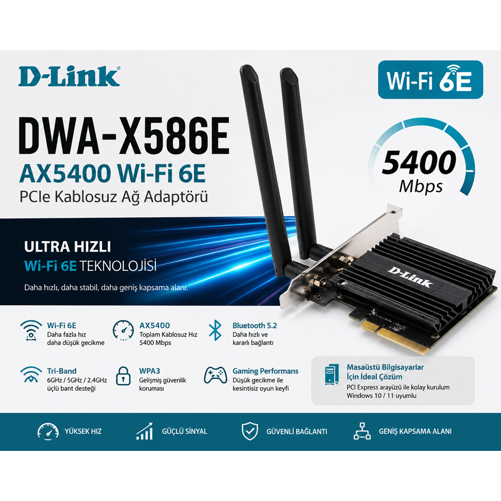 D-Link DWA-X586E AX5400 Wi-Fi 6E PCIe Kablosuz Ağ Adaptörü Bluetooth 5.2 Kart