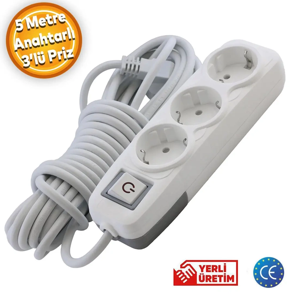 NBTech Grup Priz 3'lü Anahtarlı Topraklı 5 Metre Seyyar Ara Kablolu Uzatma Kablolusu Üçlü Piriz