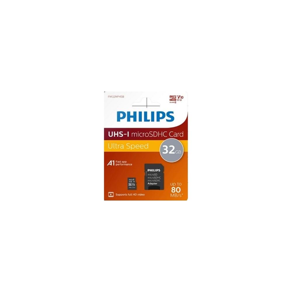 Philips 32GB Micro SDHC Hafıza Kartı Class 10 UHS-I U1 Adaptörlü Yüksek Hızlı