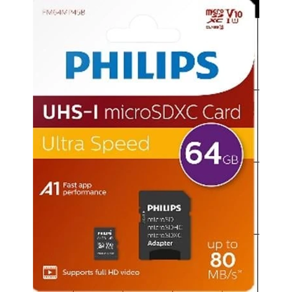 Philips 64GB Micro SDXC Hafıza Kartı Class 10 UHS-I U1 Adaptörlü Yüksek Hızlı