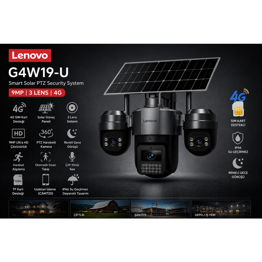 Lenovo G4W19-U 9MP (W14CZU) 4G Solar Güvenlik Kamerası 3 Lensli PTZ Gece Görüşlü