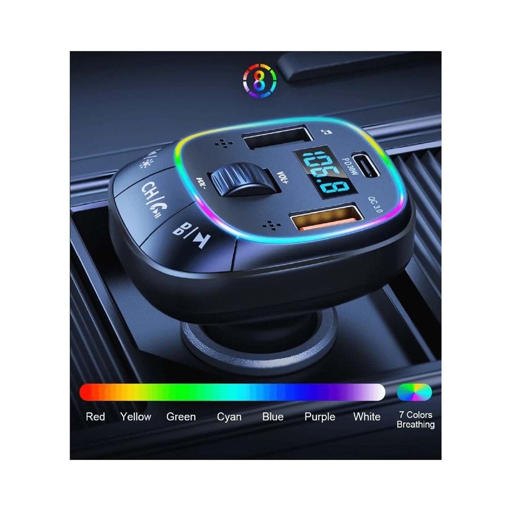 LinkTech Fm Transmitter - Linktech GF17 Premium 48W Üç Girişli 5.0 Bluetooth Fm Transmitter - Rgb Çakmaklıktan Müzik Dinleme
