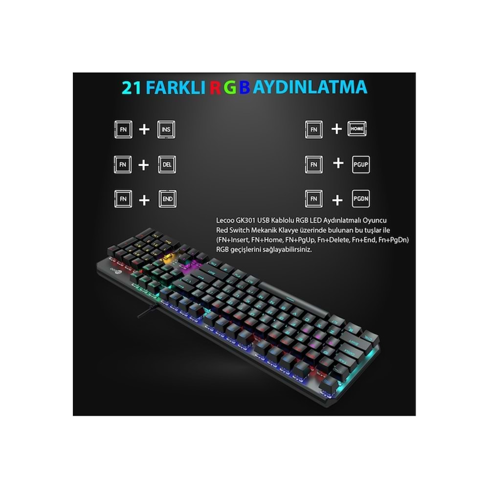 Lecoo GK301-RD-SW RGB Mekanik Oyuncu Klavyesi Red Switch Gaming Klavye