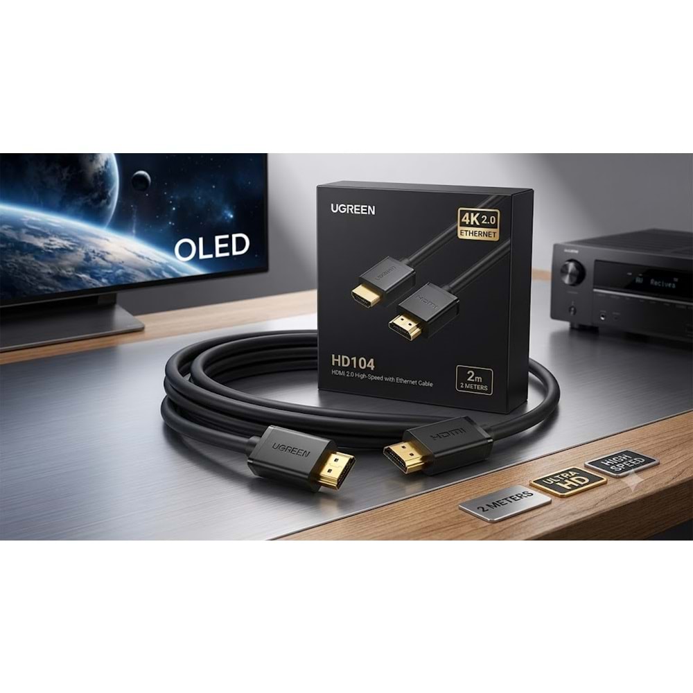 UGREEN HD104 2 Metre 4K HDMI 2.0 Yüksek Hızlı Ethernet HDMI Kablosu