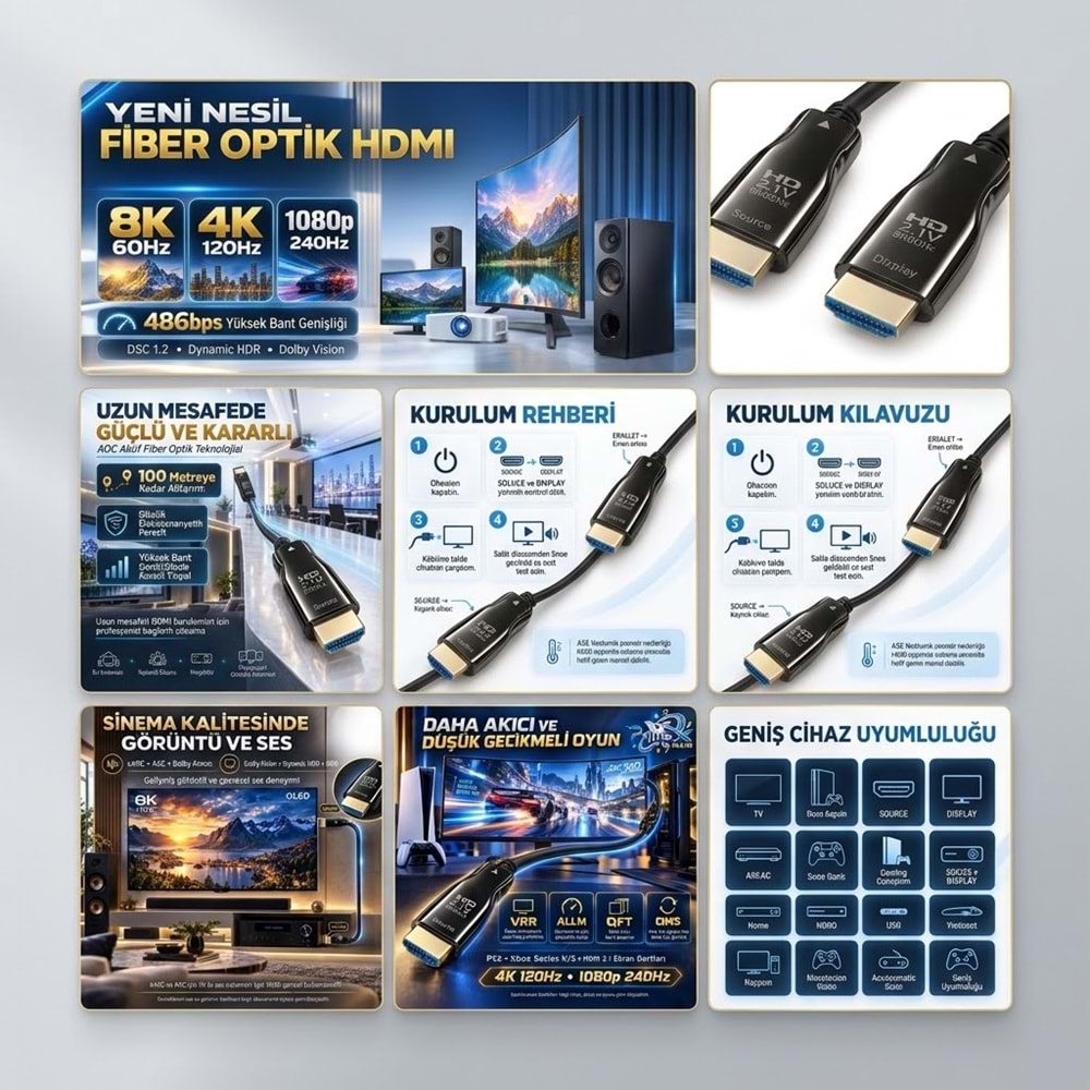 NBTech NB-HDMFO8K10 10 Metre HDMI 2.1 Fiber Optik Kablo 8K 60Hz 4K 120Hz 48Gbps