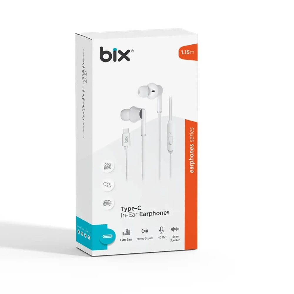 BİX HF01C Type-C 14mm Extra Bass Mikrofonlu Kulak İçi Kulaklık Beyaz