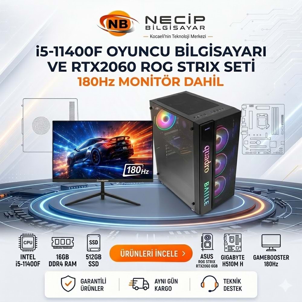 i5-11400F 16GB RAM 512GB SSD RTX2060 ROG Strix Oyuncu Bilgisayarı + 180Hz Monitör