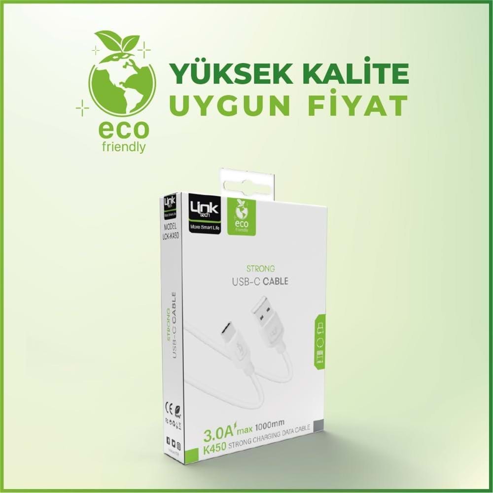 Linktech K450 Strong 1 Metre 2.4A Max Metal Başlı Type-C Şarj Kablosu