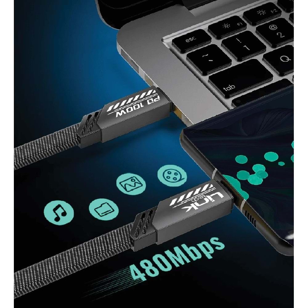 LinkTech K472 Gold Mecha Stil 1.2 Metre 100W Type C to Type C PD Hızlı Şarj Kablosu