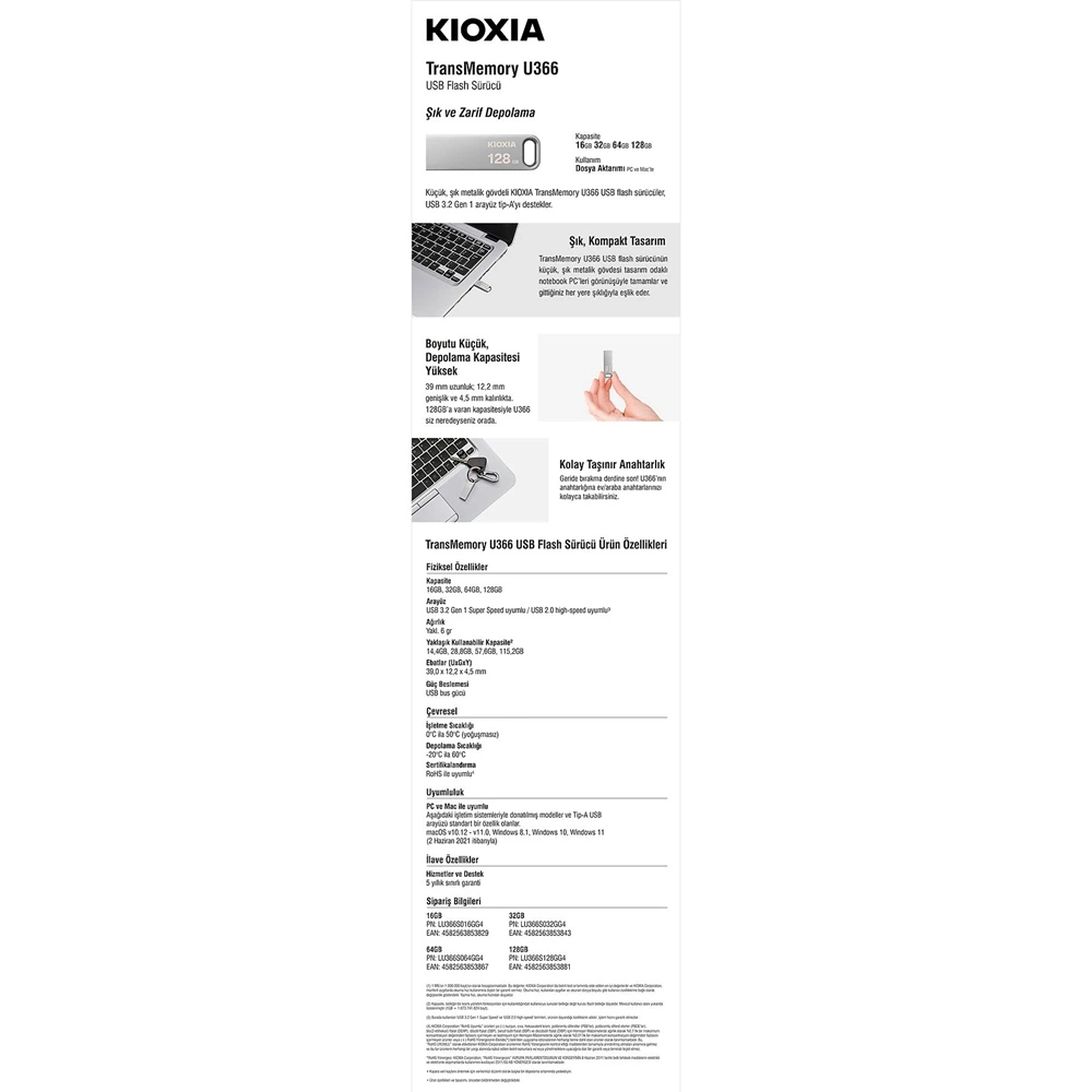 Kioxia TransMemory U366 64GB USB 3.2 Gen 1 Flash Bellek LU366S064GG4