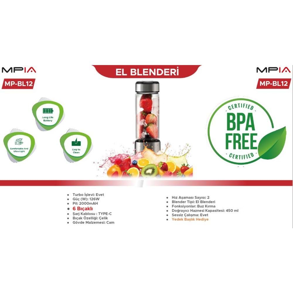 PrimeX MPIA MP-BL12 126W 2000mAH Şarjlı Cam Blender, Sporcu Taşınabilir Şarjlı Blender, Buz Kırma ve Meyve Parçalayıcı Çelik Bıçak Blender, (Taşıma Kapağı Dahil)