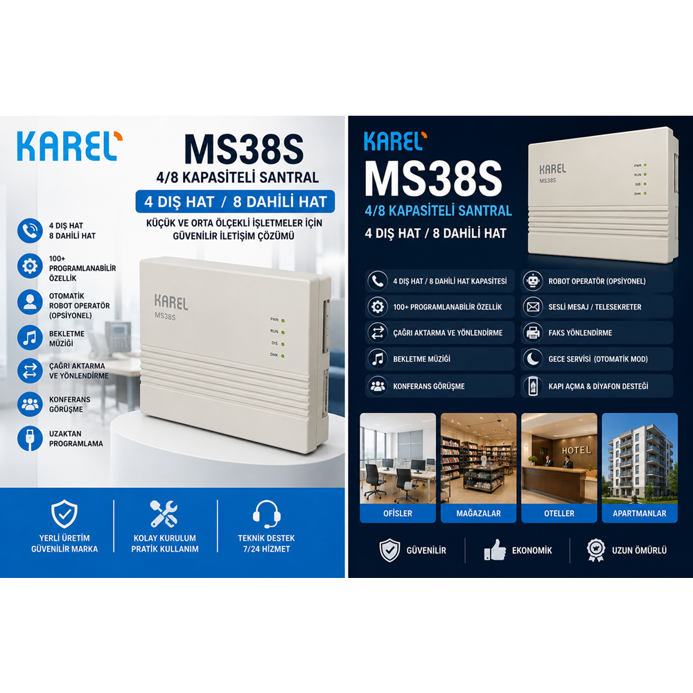 Karel MS38S 4/8 Telefon Santrali – 4 Dış Hat 8 Dahili Profesyonel Santral