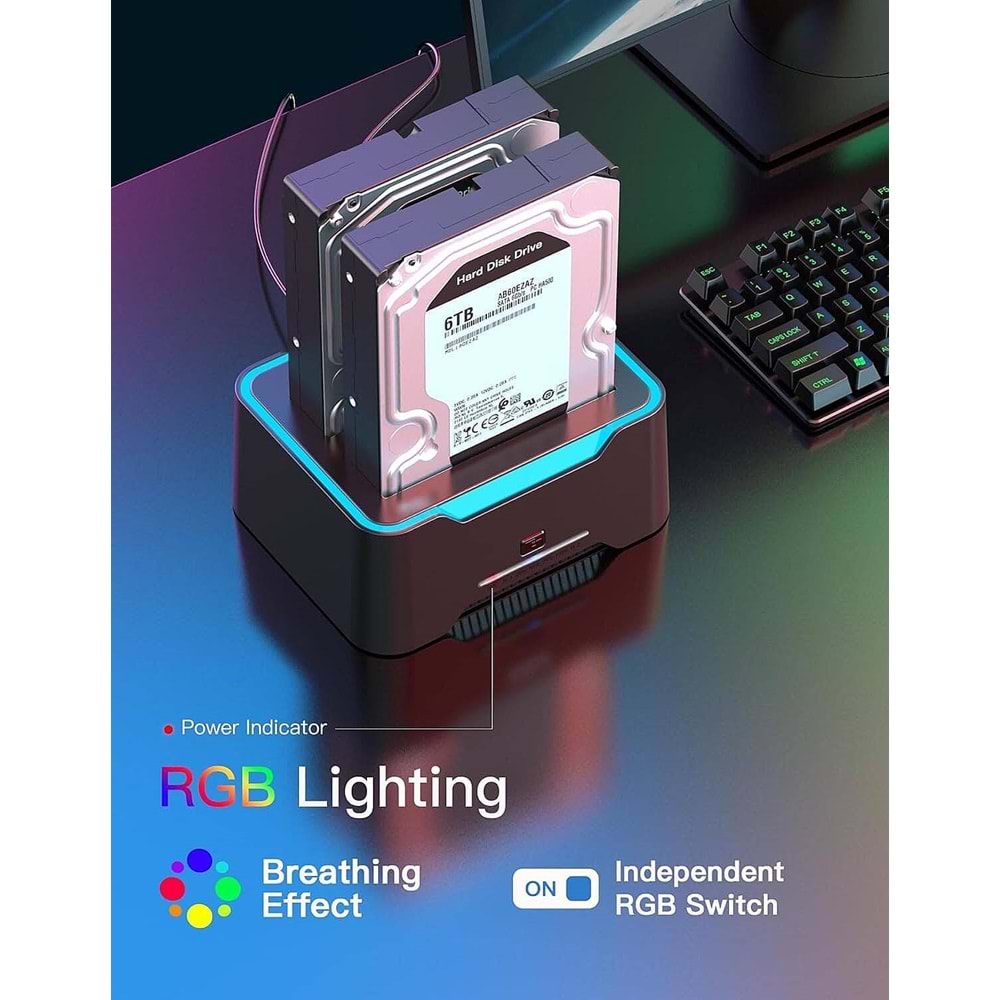 NBTech NB-2395 USB 3.0 Çift Yuvalı Klonlama Destekli RGB SATA HDD SSD Docking Station