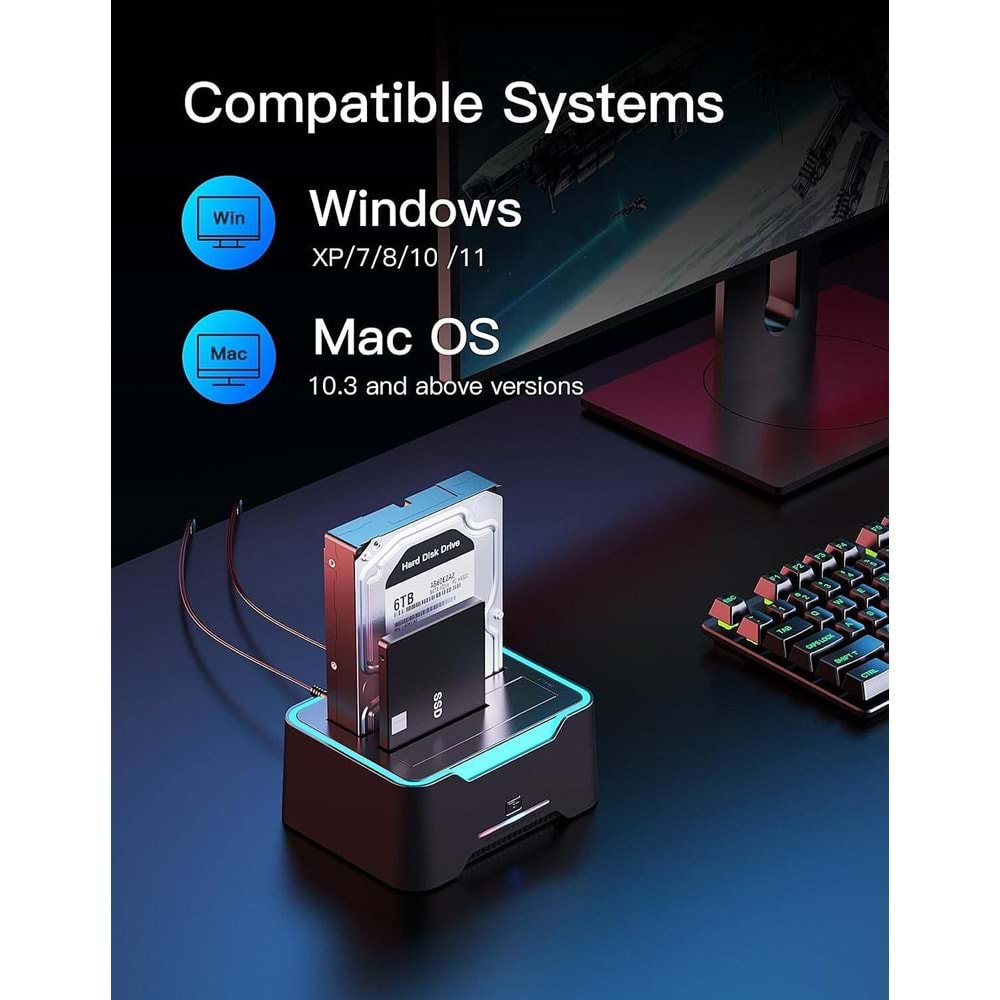 NBTech NB-2395 USB 3.0 Çift Yuvalı Klonlama Destekli RGB SATA HDD SSD Docking Station