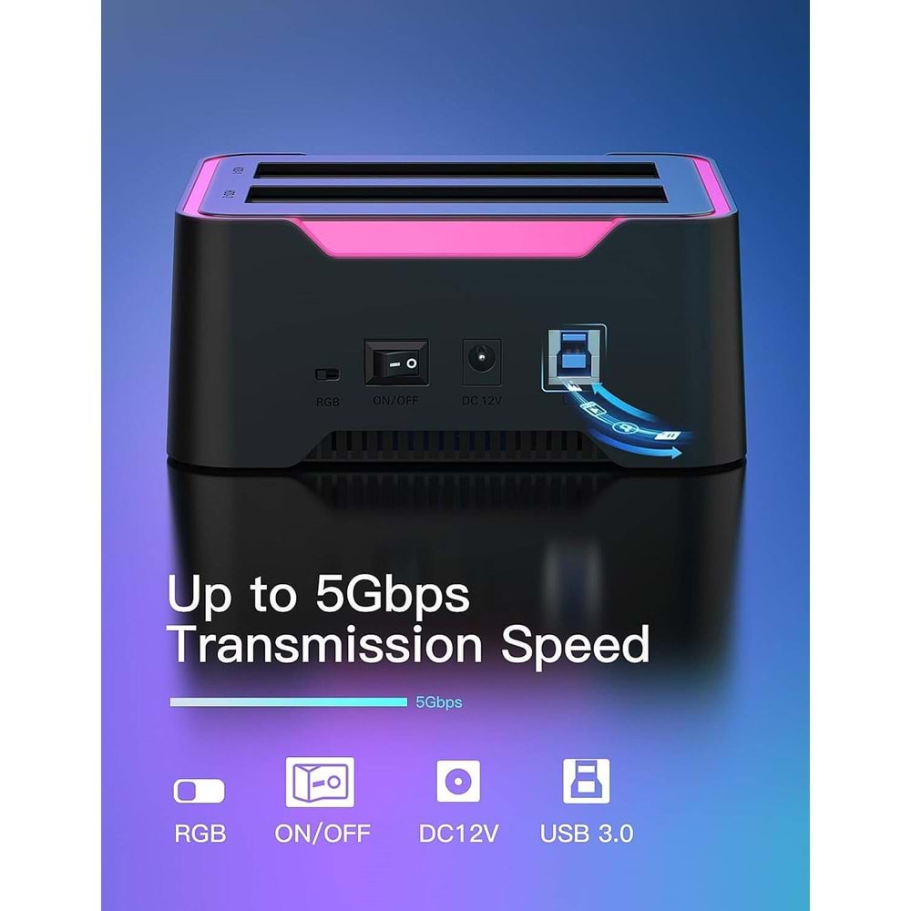NBTech NB-2395 USB 3.0 Çift Yuvalı Klonlama Destekli RGB SATA HDD SSD Docking Station
