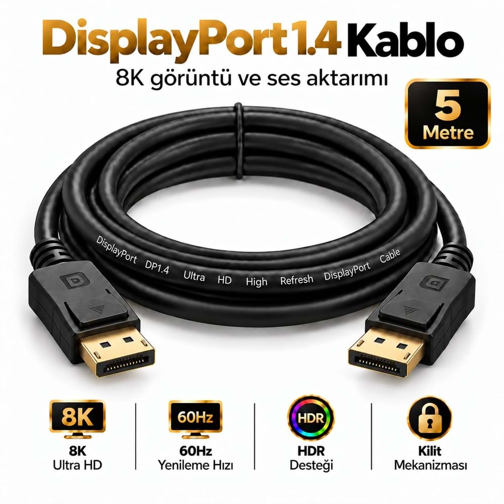 NBTech NB-2565 5 Metre DisplayPort 1.4 Kablo 8K 60Hz 4K 144Hz 2K 165Hz 1080P 240Hz